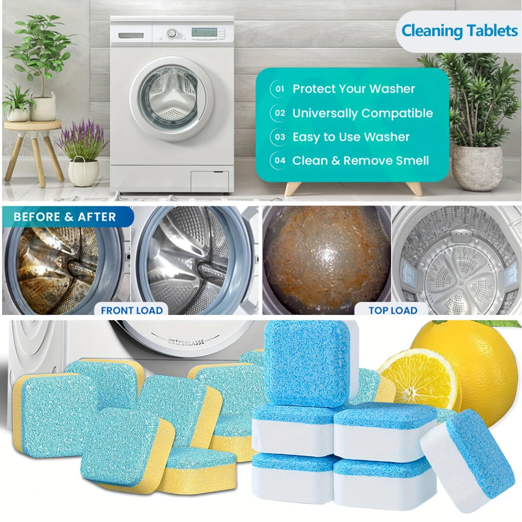 WashFizz washing machine cleaner tablets in a laundry room